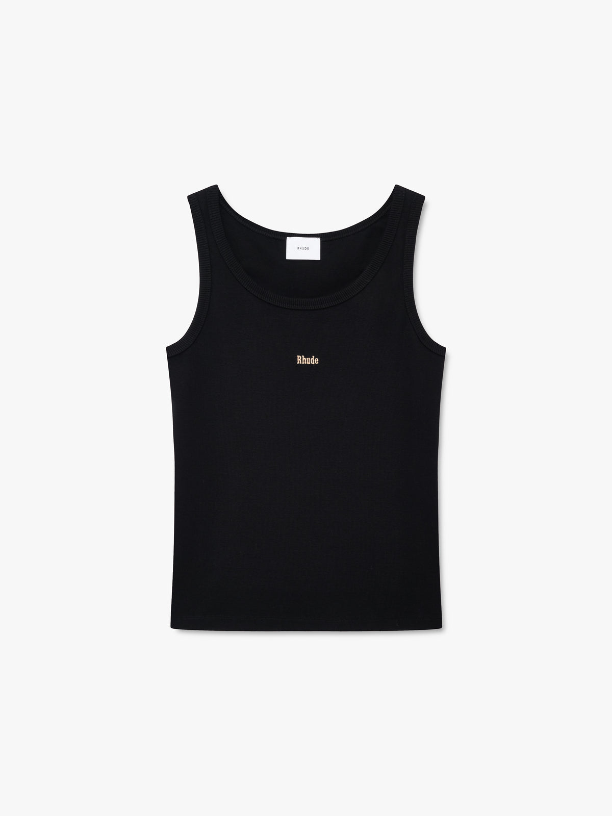 Black tank top with wider straps, ribbed trim and a small peach embroidered Rhude logo, front view