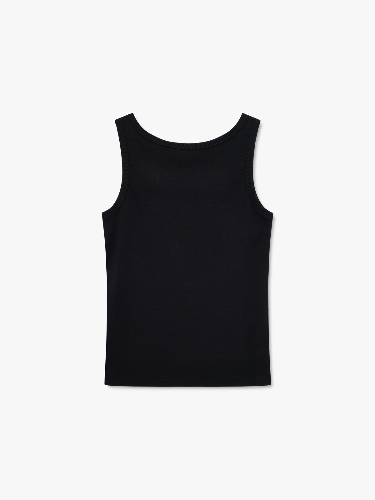 Black tank top with wider straps and ribbed trim, back view