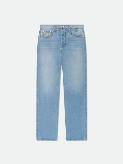 Light-wash blue straight-leg jeans with a button fly and chevron-stitched coin pocket, front view