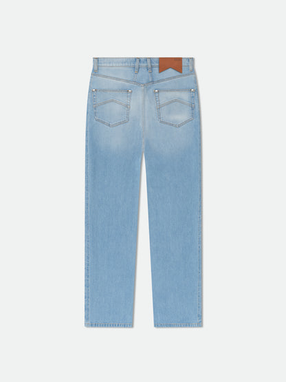 Light-wash blue straight-leg jeans with chevron-stitched back pockets and a tan waistband patch, back view