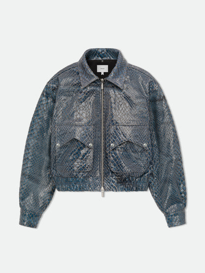 Navy crocodile-textured pilot jacket shown without its cream collar, with a pointed collar and zip front, front view