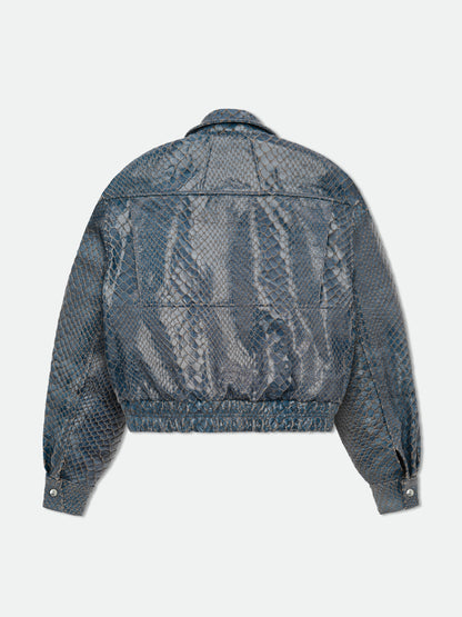 Navy crocodile-textured pilot jacket shown without its cream collar, back view showing the snap cuffs