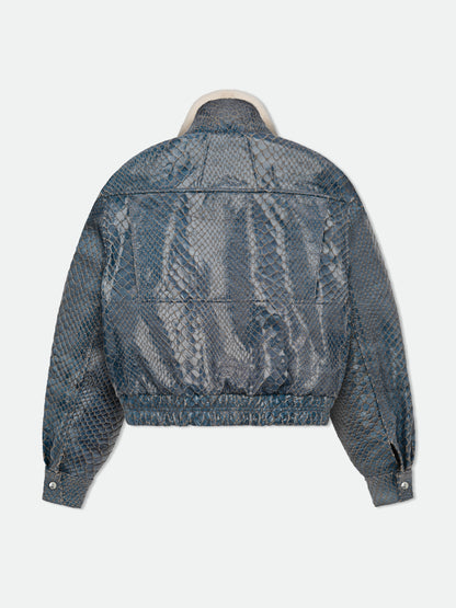 Navy crocodile-textured pilot jacket with a cream collar, back yoke and elasticated hem, back view
