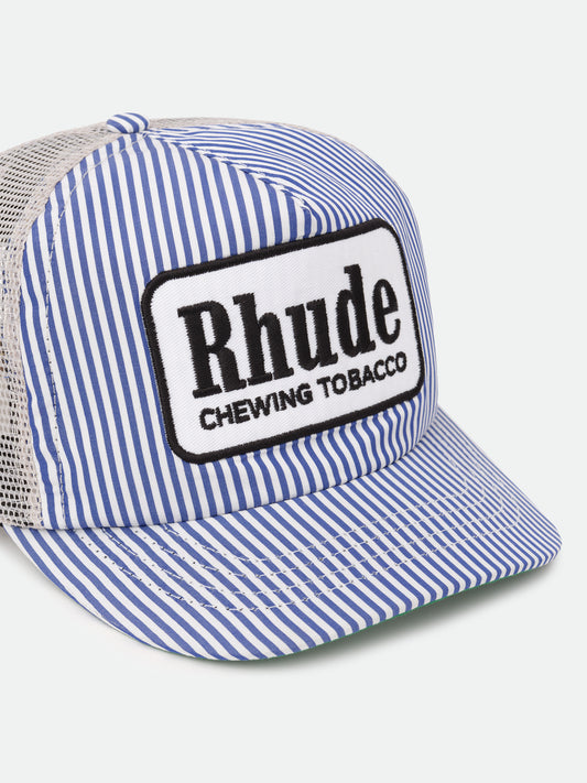 BLUE STRIPED TOBACCO TRUCKER HAT