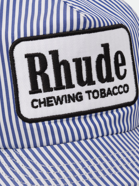 BLUE STRIPED TOBACCO TRUCKER HAT