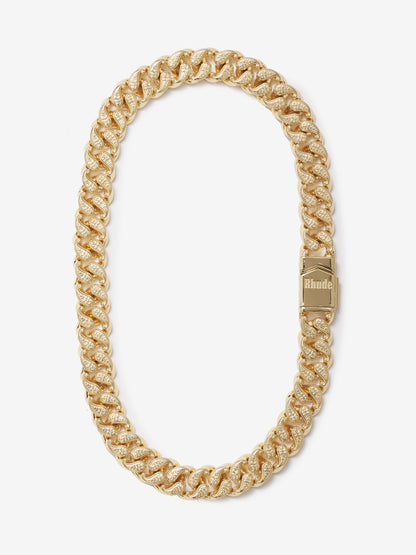 Gold vermeil chain necklace with paisley-patterned curb links and a box clasp engraved Rhude, front view